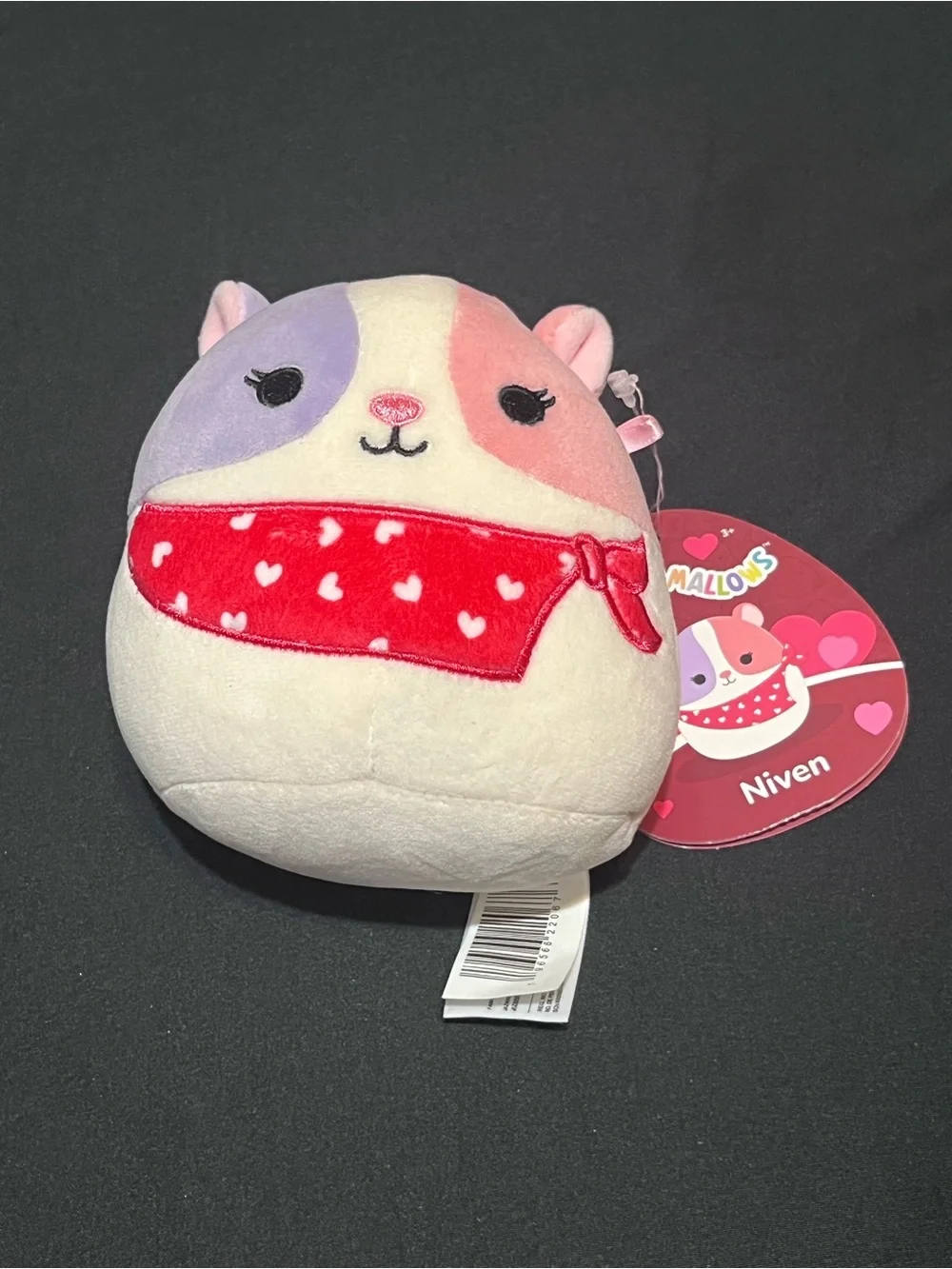 Squishmallows Niven Plush in Pink, Purple, White with Red Heart Scarf